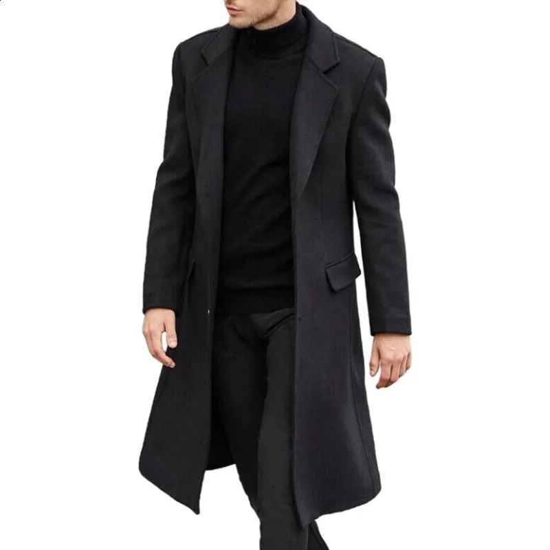 Men Casual Trench Coat Slim Fit Notched Collar Long Jacket Overcoat Single Breasted Coat wih Pockets 241105
