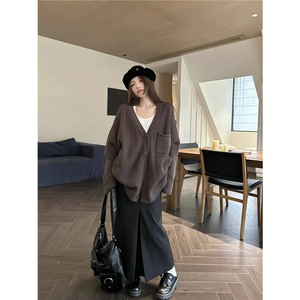 Loose knit cardigan wool sweater womens casual top 241105