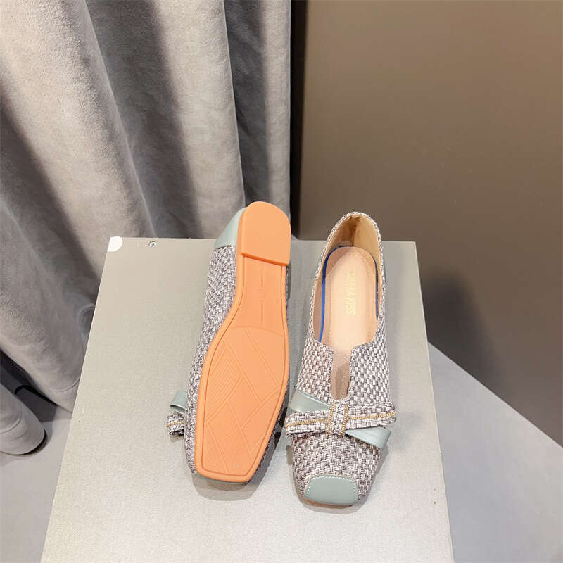 Korean Spring And Summer New Women's Scoop Large Butterfly Knot Weaving Fabric Versatile Square Head Shallow Mouth Flat Bottom Single Shoes
