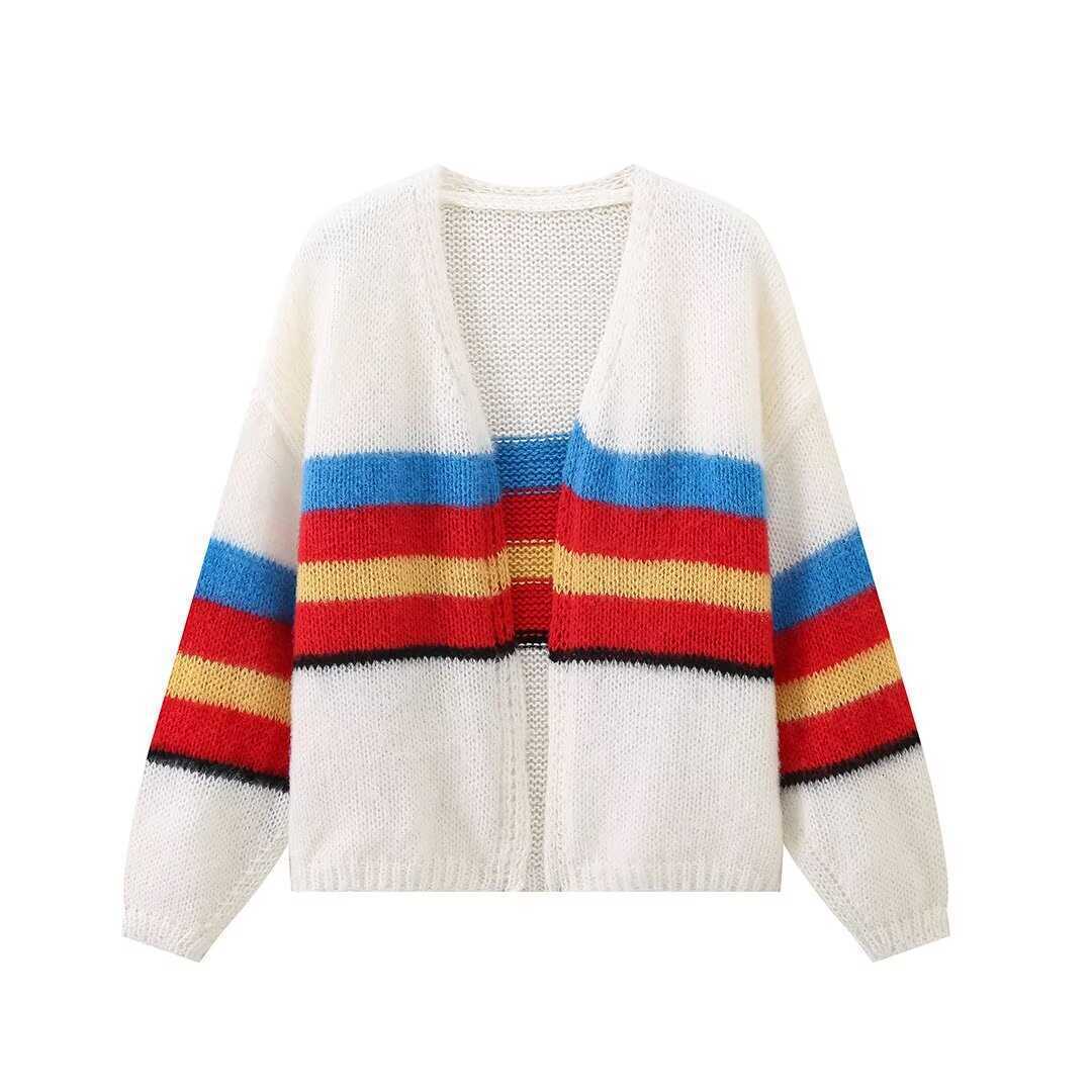 Rainbow Striped Short Versatile Yarn Knit Loose And Lazy Cardigan Jacket For Women Wearing Sweaters Outside