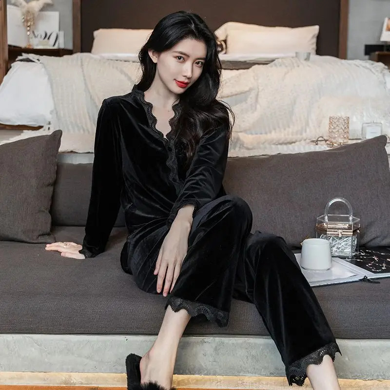 Long-sleeved Sexy Lace Plus Size V-neck Nightwear Homewear Pajamas Female Fall And Winter Cardigan Suit Spring Velvet 241105