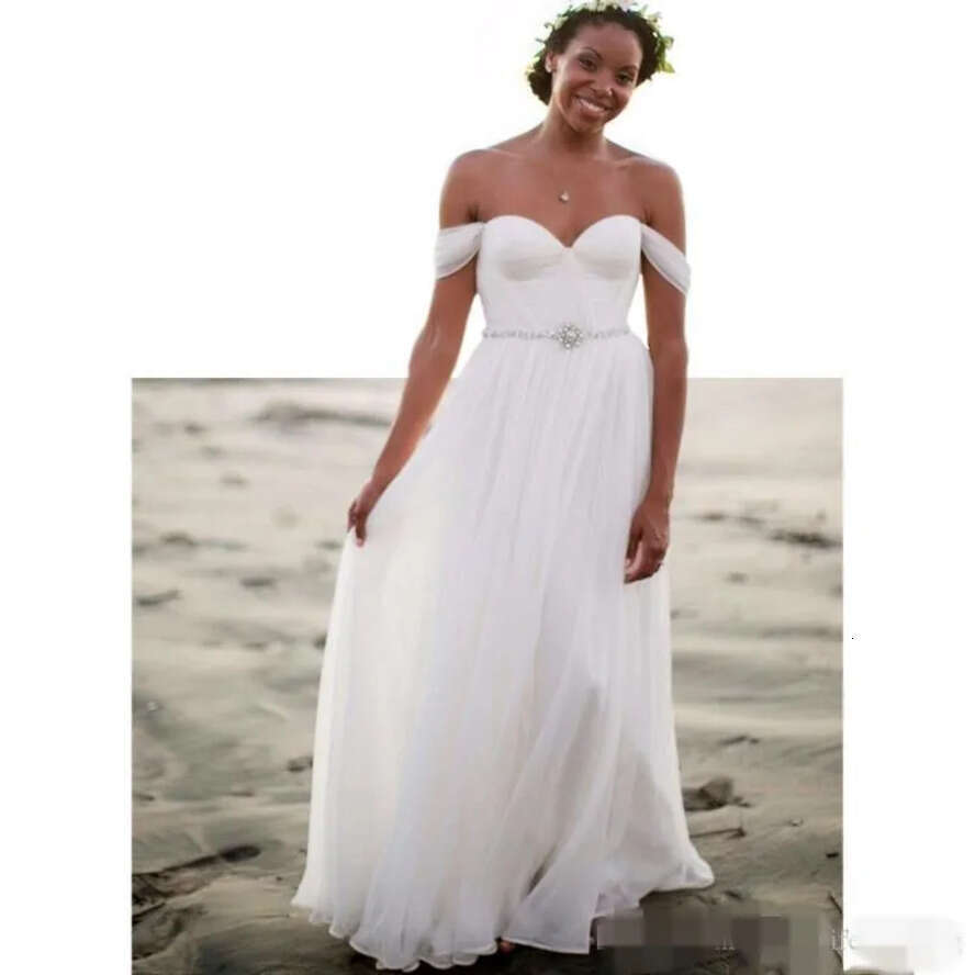 Beach Dresses Elegant A E Off The Shoulder Crystals Beaded Waist Pleats Ruched Chiffon Custom Made Wedding Gown Vestido De Novia