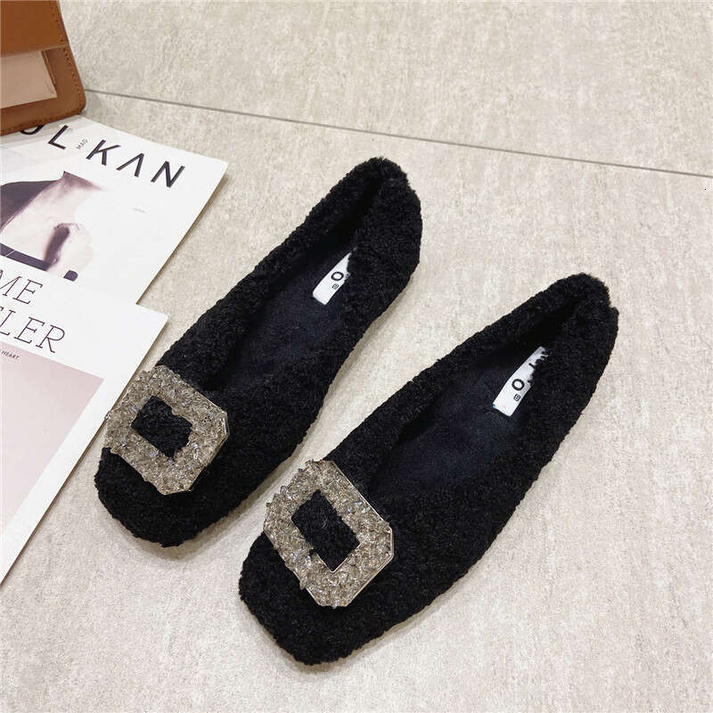 Add Fluffy Fur Women In And Winter, Low Cut Black Flat Heeled Women, One Foot For Autumn Outdoor Wear, Pointed Square Toe Bean Shoes