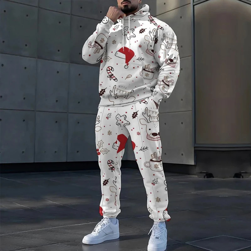 Elk Snowflake 3d Print Fashion Long Sleeve Hoodie Pants Suits Male Tracksuit Casual Drawstring Sweatshirt Men Two Piece Set 241105