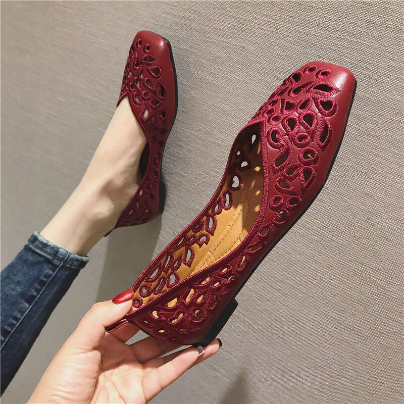 Summer Sandals, Hollowed Out Fashionable Work Black Women's Shoes, Flat Sole, Single Shoe, Hole, Simple Square Toe Shoes