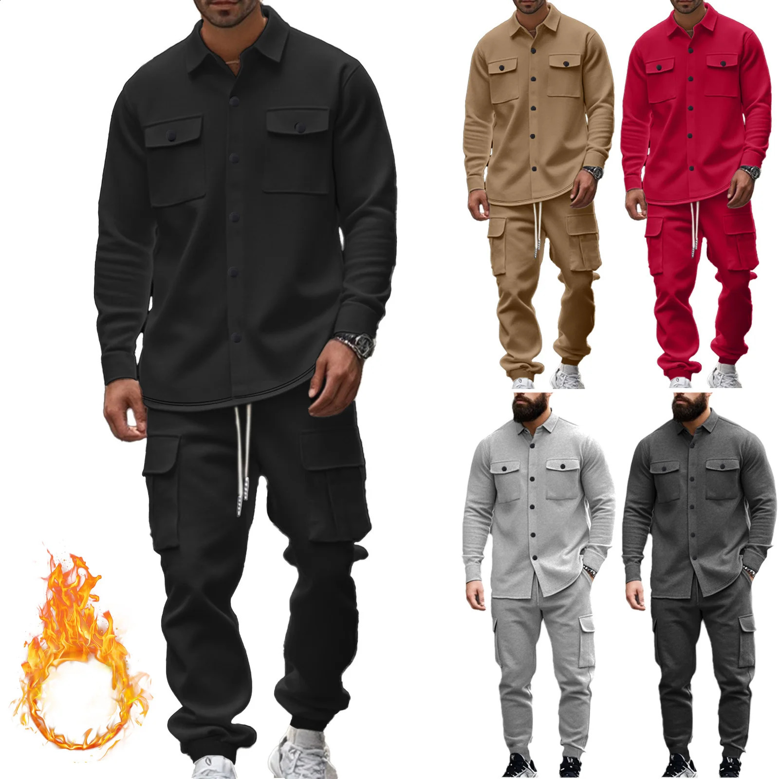 American Mens Jacket Heavyweight Pure Color Velvet Workwear Outdoor Tactical Hunting Lapel Jacket Suit Loose Warm Mens Clothes Two-Piece Set 241105