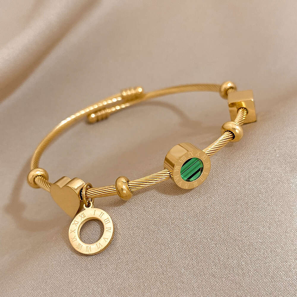 Fashion Stainless Golden Fashion New Hot Jewelry Steel Bangle with Green Stone & Numerals for Women Men Cuff Waterproof Daily Wear Jewelry Gifts
