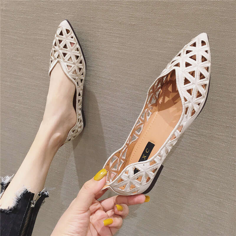 Korean Version Fashionable Versatile Pointed Shallow Mouth Soft Sole Ladies Fairy Hollow Breathable Flat Single Shoes Women