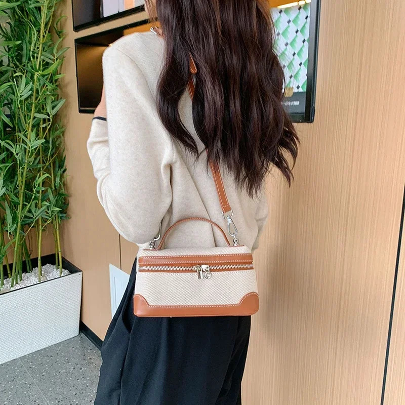 Color matching fashionable shoulder bag PU canvas splicing Versatile Crossbody Bag selling womens sewing handbag 241105