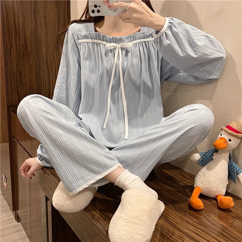 Womens Spring and Autumn Pajamas Set Womens Long-Sleeved Long Trousers Pajamas Homewear Sweet Leisure Homewear Loose Set 241105