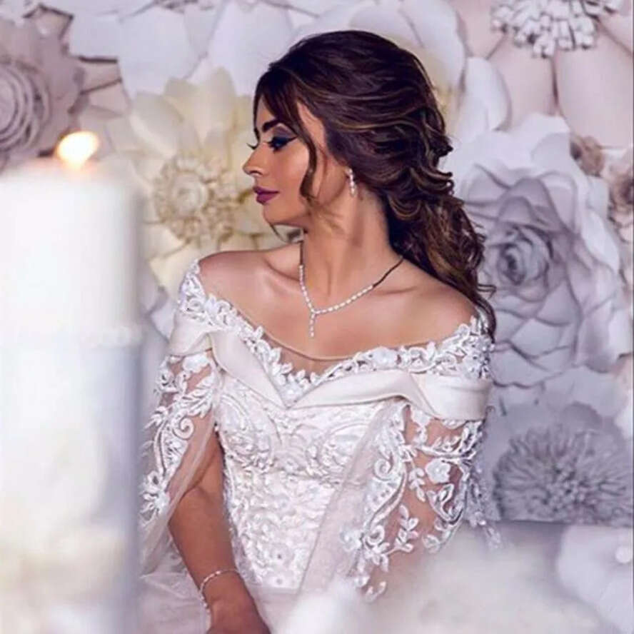 Arabic Saudi Modest Dresses Scoop Off Shoulder Appliques Pearled Tulle Or Length Dubai Maternity Beach Wedding Gowns