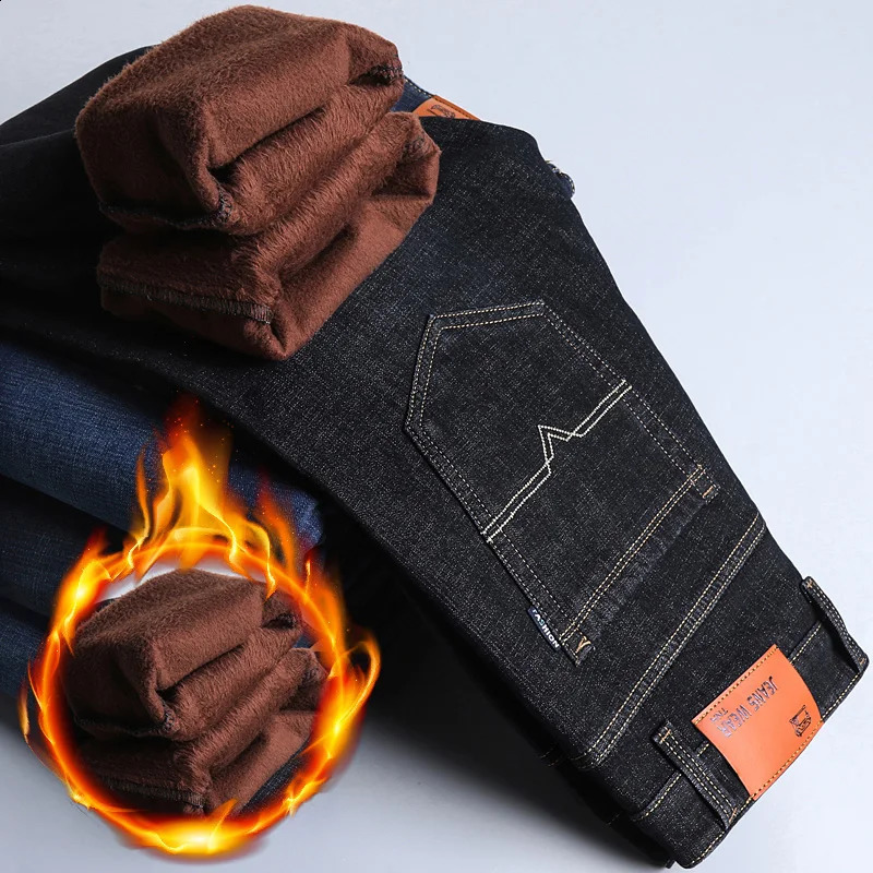 2024 Winter Casual Mens Warm Fleece Jeans Classic Style Business Thicken Fur Regular Fit Denim Pants Plush Trousers 241105