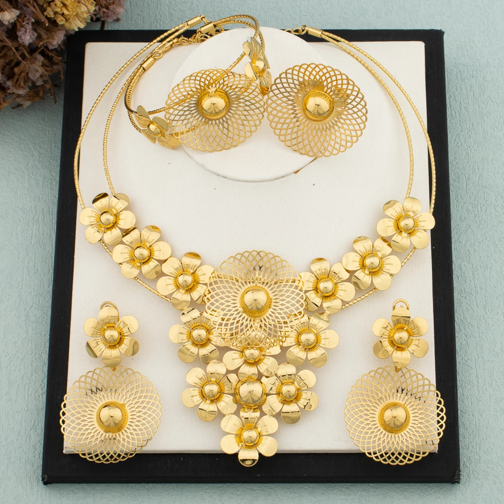 Big Woman Jewelry Set Dubai Gold Plated Earrings Necklace Copper Multiple Small Circle Flower Bride Bangle Rings Gift 241105