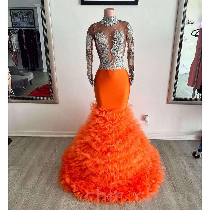Orange Arabic Ebi Aso Mermaid Prom Dress Lace Beaded Evening Formal Party Second Reception Birthday Engagement Gowns Dresses Robe De Soiree ZJ Es
