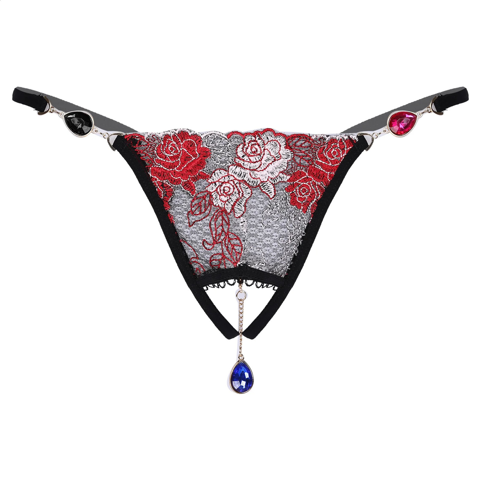 Mens Sexy Lingerie Thongs Rhinestone Pendant Flower Embroidery Underpants Open Butt Sissy Panties Jockstrap Tback Erotic Briefs 241105