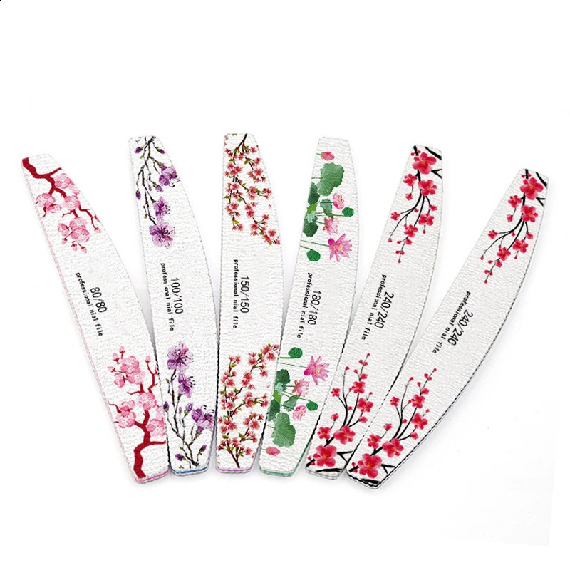 50 Pcs 80-240 Grit Half Moon Nail File Flower Print Washable Manicure Files Buffer Professional Gel Polish Pedicure Tools 241105