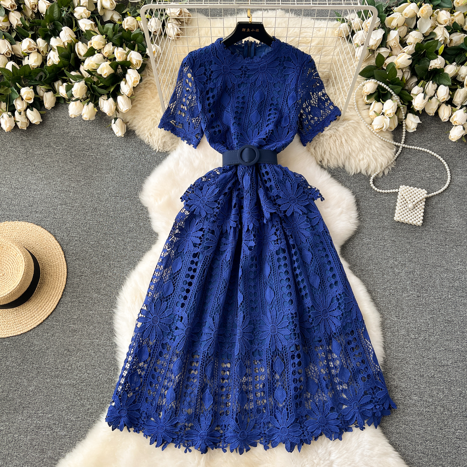 Basic Casual Dresses 2024 Runway Crochet Hollow Out Pink Midi Lace Dress for Women 2024 Summer Short Sleeve Embroidery Party Dress Elegant Holiday Rob