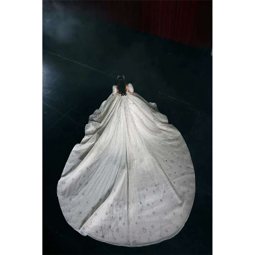 Urious Arabic Dubai Ball Gown Wedding Dresses Cap Sleeve Off Shoulder Beadings Crystals Sparkle Sequins Puffy Ruched Bridal Gowns Custom Made BC