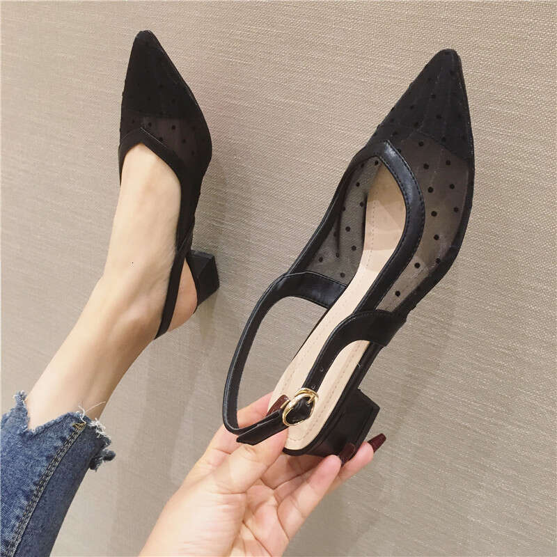 Mid Heeled Trend 2023 Spring/Summer New Item For Outerwear, Coarse Single Shoes, Pointed Shallow Mouth Breathable Sandals, Bag Head, Women's Shoe