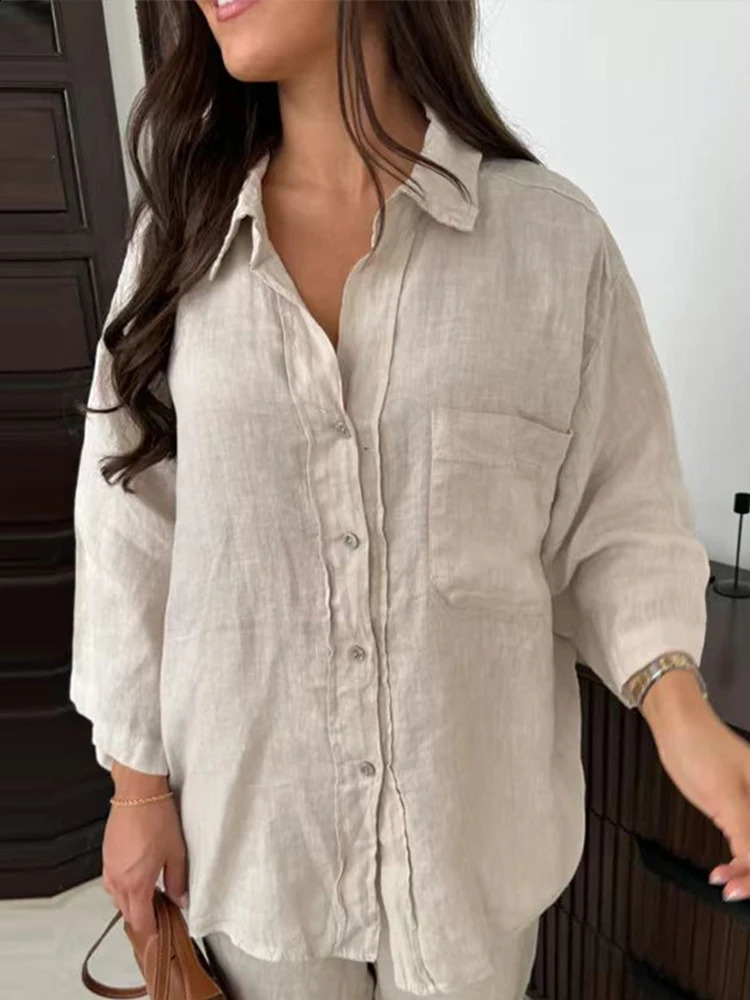 Cotton Linen Shirt Trouser Suit Women Loose Single Breasted Long Sleeve Top Wide Leg Pants Female Suit 2024 Summer 2 Piece Set 241105