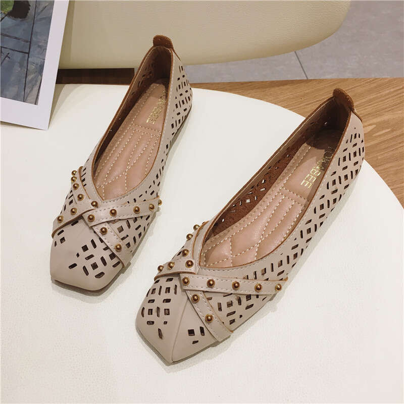 Korean Version Gentle And Versatile Square Toe Shallow Cut Hollow Breathable Sole Flat Heel For Women, Bean Shoes, Summer Soft Soled Ladybird Shoes