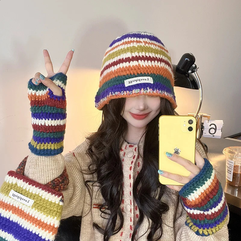 3 in 1 Rainbow Striped Knitted Hat Gloves Bags Warm Woolen Crochet Bucket 241105