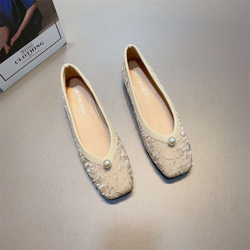 Pearl Decoration Shallow Mouth Low Heel Silk Single For Women's Spring And Summer New Korean Version, One Foot Soft Sole Square Toe Versatile Sco