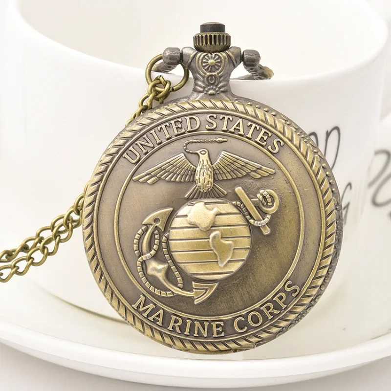 Bronze Grey United States Marine Corps Symbolic Quartz Pocket Watch Chain Necklace Pendant Gift FOB Clock Art CollectiblesX241104