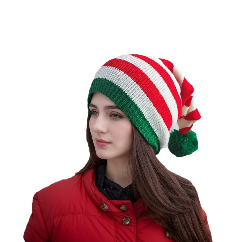 Fashion Adult Christmas Knitted Hat Elf Santa Beanies Claus Red Green Striped Crochet Merry Happy Year 241105