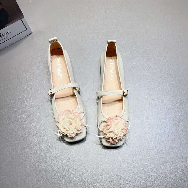 French Floral Decoration With Sole Mary Jane For Women, Korean Version, New Shallow Mouth Square Toe Soft Leather Low Order Shoes