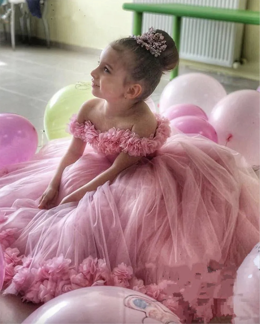 D Floral Pink Ball Gown Flower Girls Dresses Off Shoulder Puffy Toddler Pageant Dress Wedding Little Baby Gowns for Communion Resses Ress S resses res