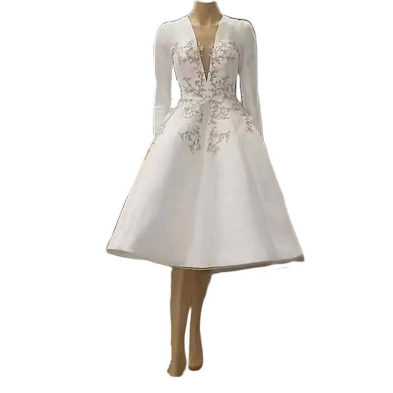 Knee Length A Line Wedding Dresses Long Sleeves Satin Bridal Gown Silver Embroidery V-Neck Ivory White Short Bride Dress Robe De Mariee Custmized