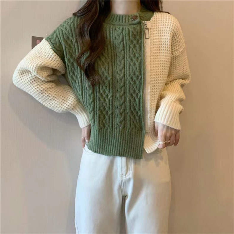 Lazy Style High End Zipper Knitted Sweater Women S Coat Autumn And Winter Short Design Sense Splicing Anti Aging Top F1105#40