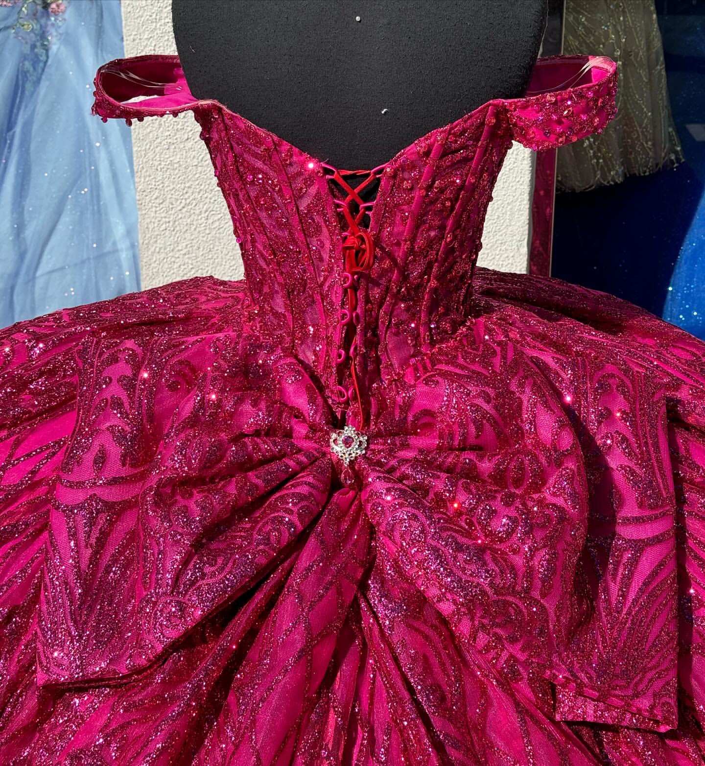 Fabulous fuchsia princess quinceanera dresses sparkly prom ball gown off shoulder glitter sequins diamond vestido de quinceanera bow 15 Masquerade Dre