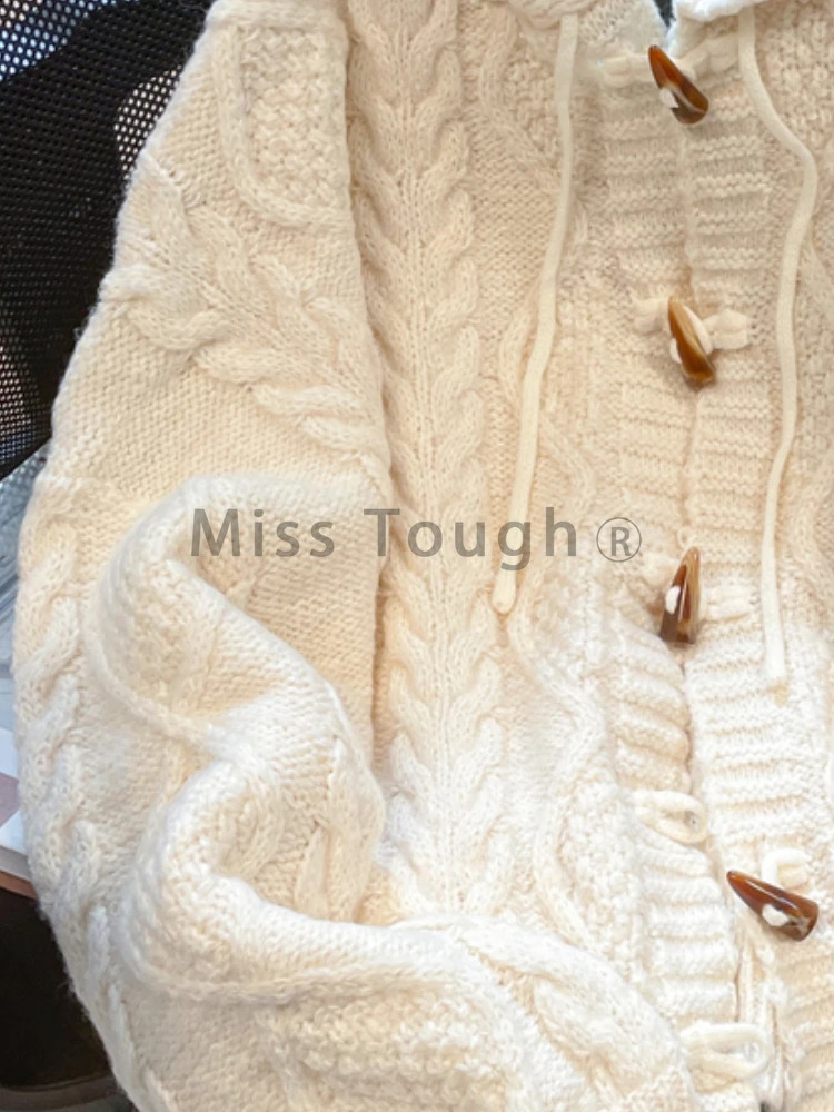 Autumn France Warm Loose Top Chic n Bull Horn Buckle Sweater Female Pretty Fashion Hooded Knitting Cardigan 2024 241105