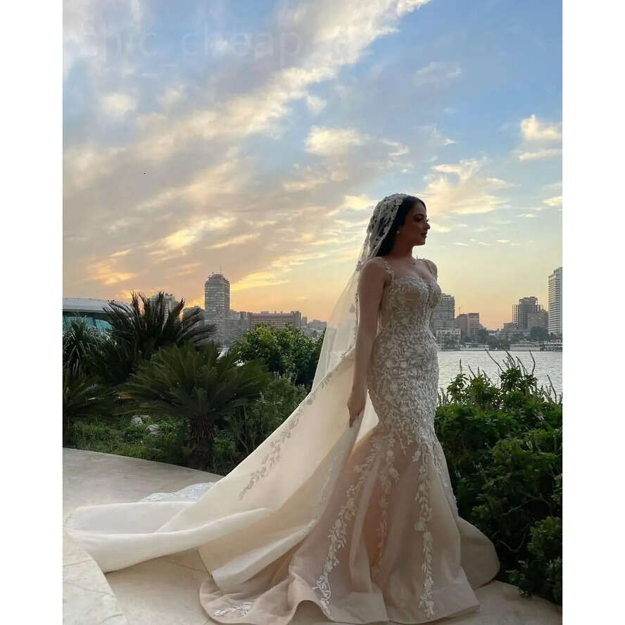 Arabic Aso Ebi Plus Size Ral Lace Illusion Wedding Dress Spaghetti Tulle Sweep Train Bridal Gowns Dresses ZJ