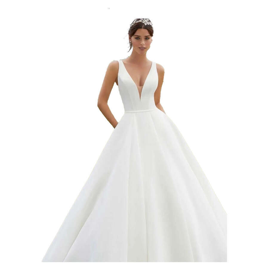 Simple Bohemian Elegant Plus Size A E Wedding Dresses Women V Neck Satin Backless Sweep Train Bridal Gown Second Reception Dress For Weddding Party Cu