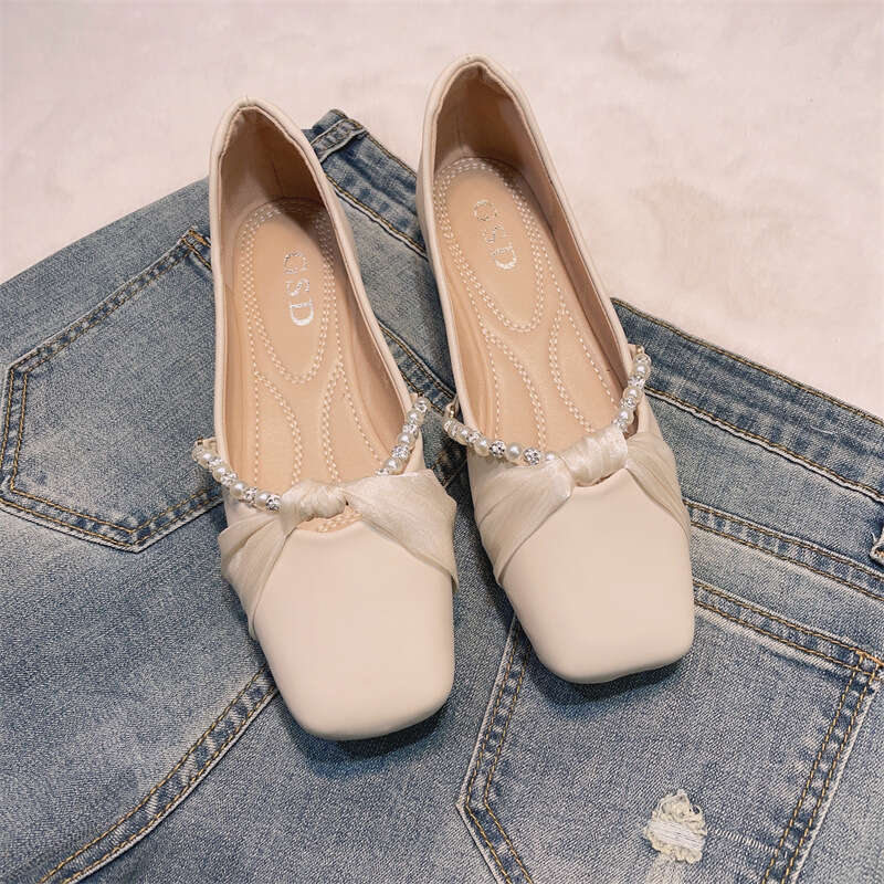 Fairy Style Evening For Women Korean Version Spring/Summer New Item Beaded Square Toe Shallow Mouth Leather Soft Sole French Women's Singles Shoe