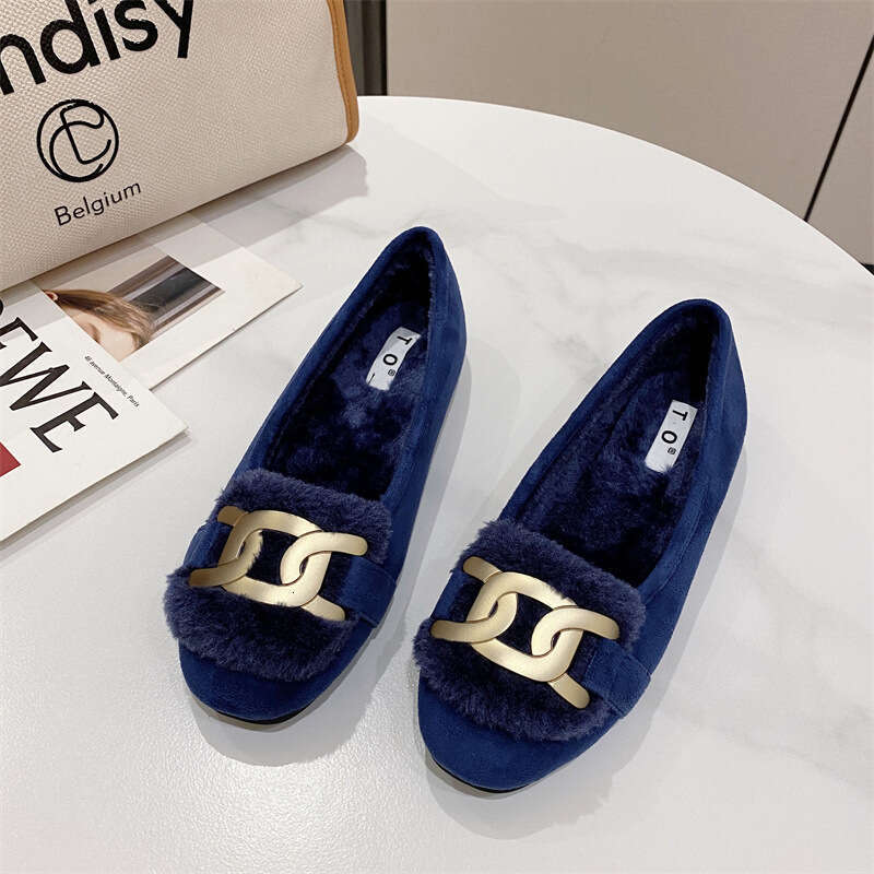 2023 Autumn/Winter New Single Head Metal And Fleece Fur Women's Fairy Suede Shallow Mouth Flat Shoes