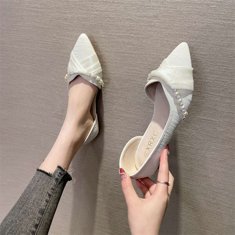 Pearl Decorated Pointed Single For Women, Korean Version, Spring And Summer New Fairy Style, Shallow Mouth Scoop Shoes, Fabric Side Empty Flat Shoes