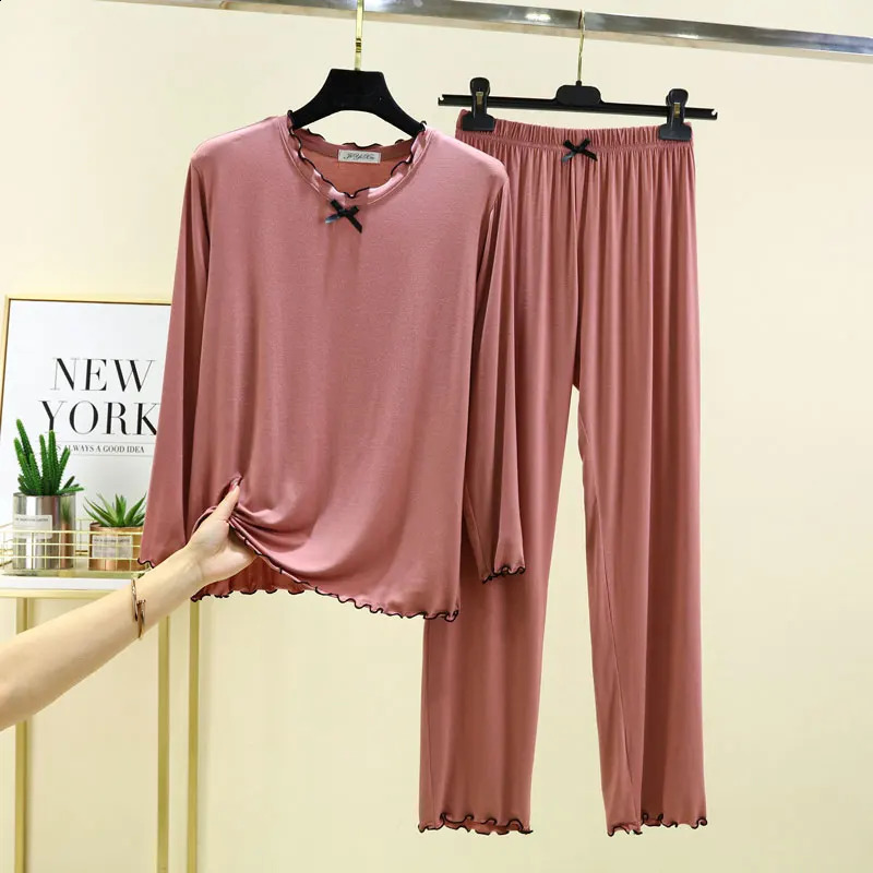Modal Pajamas suit Spring Autumn Loose Large Size Casual Home Service Long-sleeved Nine-point pants 2-piece Womens Pajamas 241105