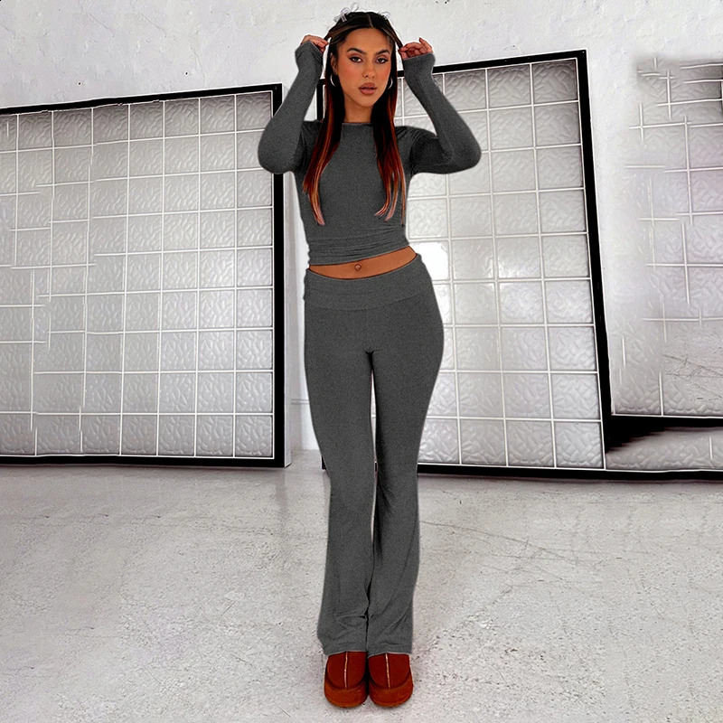 CUTENOVA WomenS Spring Casual 2 Piece Outfits Long Sleeve Crew Neck Crop Tops And Low Waist Flare Pants Lounge Sets Track 241105