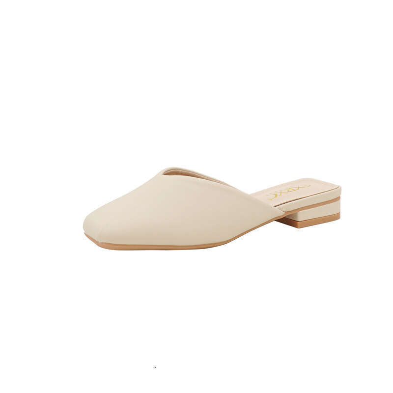 Fashionable Half Slip Slippers Spring 2023, Simple French Style Elegant Square Head With Low Heel, Wearing A Hooded Cool Slipper For Women