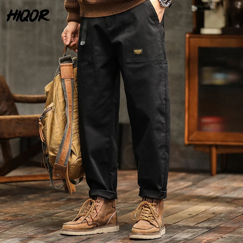 HIQOR Mens Clothing Spring Autumn Cargo Pants Man Cotton Casual Loose Trouser Belt Mid Waist Joggers Male Straight Baggy 241105