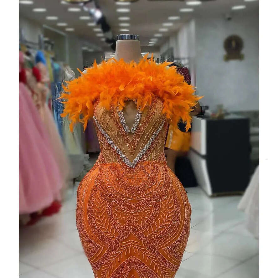Orange Mermaid Ebi Aso Arabic Prom Dress Feather Crystals Evening Formal Party Second Reception Birthday Engagement Gowns Dresses Robe De Soiree Zj Es