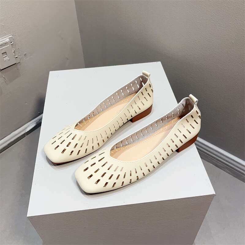 Summer New Item Korean Version Hollow Breathable Single Women's Scoop Square Toe Grandmother Shoe Soft Leather Comfortable Bean Shoes