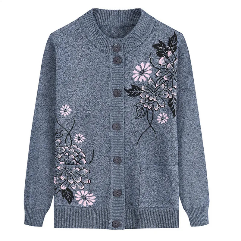 Print MiddleAged Elderly Mothers Autumn Winter LongSleeve Sweater Women Knitted Bottoming Shirt Grandma Cardigan Mujer 241105