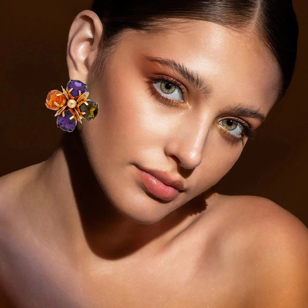 Colorful Crystal Glass Flower Earrings For Women Trendy Charm Prom Party Pendant Vintage Statement Y2k Jewelry 241105