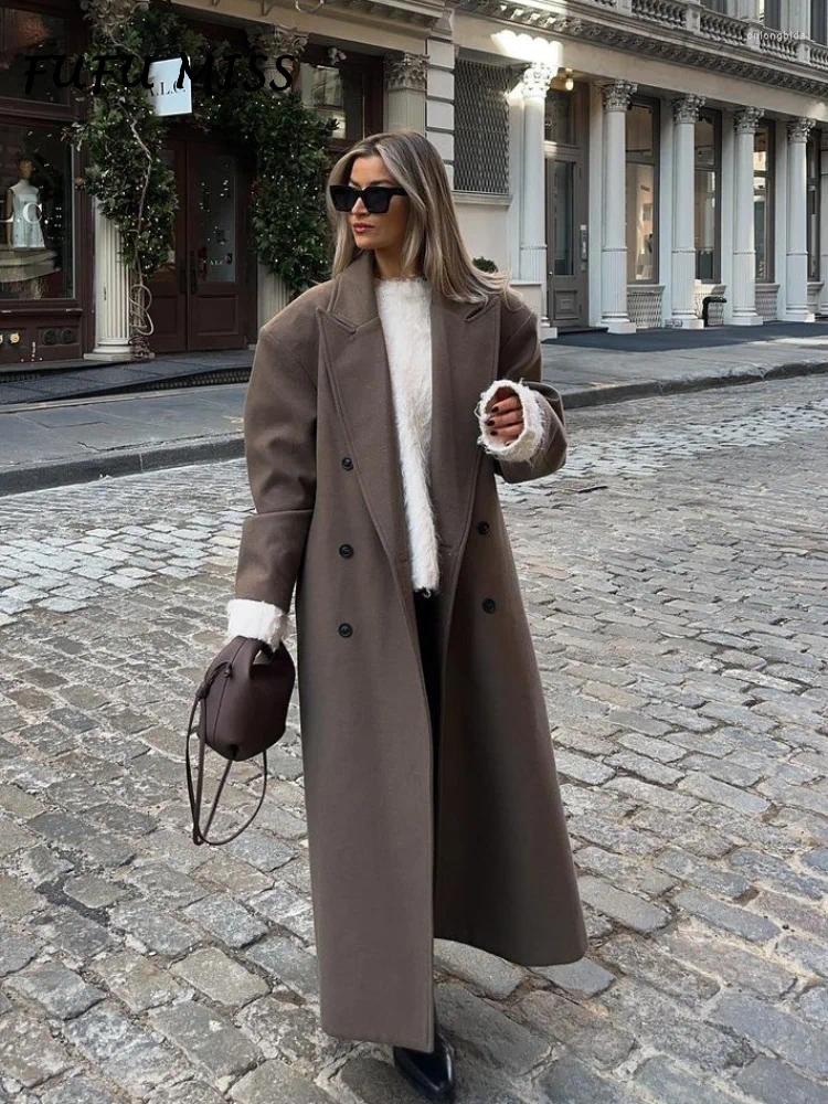 Women's Jackets Solid Woolen Lapel Long Coats For Women Loose Full Sleeve Double Breasted Shoulder Pads Overcoats 2024 Autumn Lady Outwears