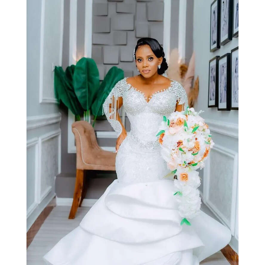 Oct Arabic Aso Ebi Plus Size Mermaid White Wedding Dress For Bride Beaded Crystals Satin Sequined Lace Bridal Gowns Dresses ZJ 6660311